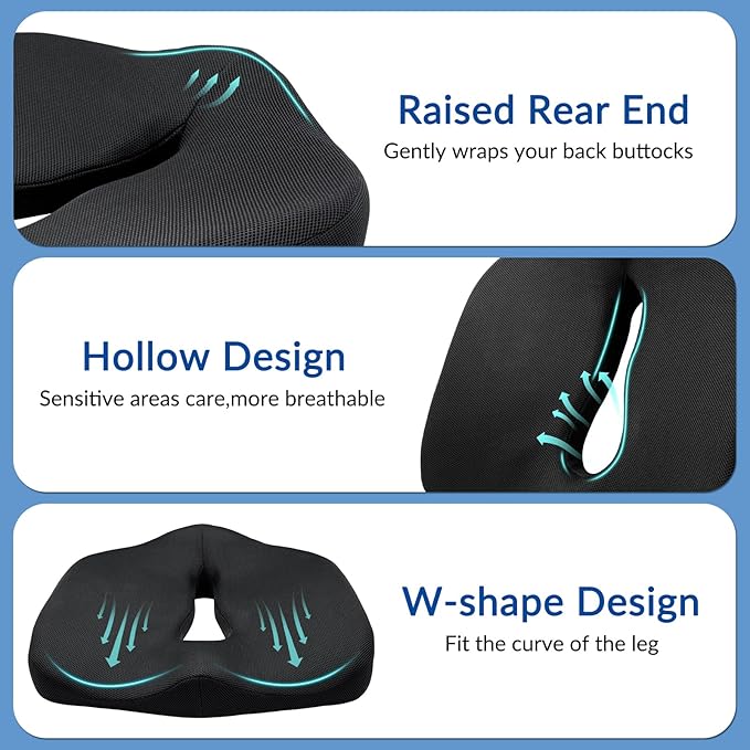 Ergonomic Memory Foam Seat Cushion for Office Chair, Extra Large Pad with U-Shaped Design for Pressure Relief, Coccyx Sciatica & Back Pain Relief, for Home, Car Long Sitting (Black)