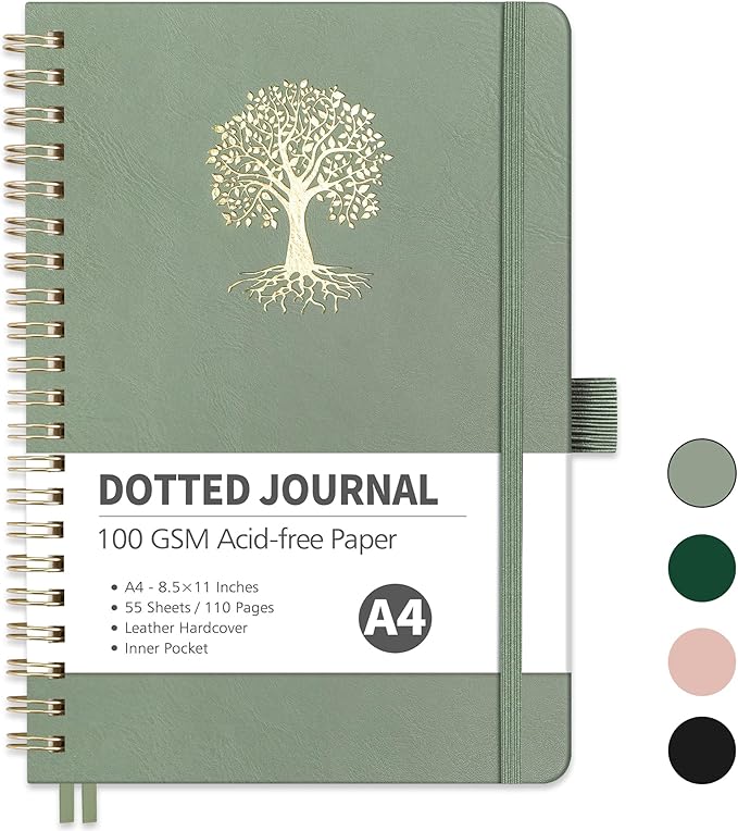 RETTACY Bullet Dotted Journal Notebook, 110 Pages, A4 Large Size (8.5" × 11"), Leather Hardcover, 100 GSM Thick Paper, Spiral-bound, for Bullet Journaling, Planning, Tracking (Light Green)
