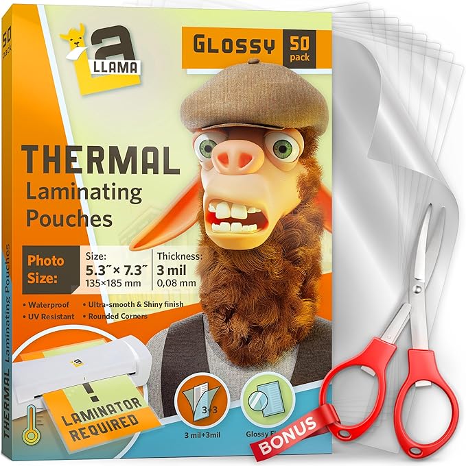 Thermal Laminating Pouches, 5.3 x 7.3 Inches, 3 Mil Thick, 50 Pack, Suited for Photo Size Laminating Sheets 5 x 7