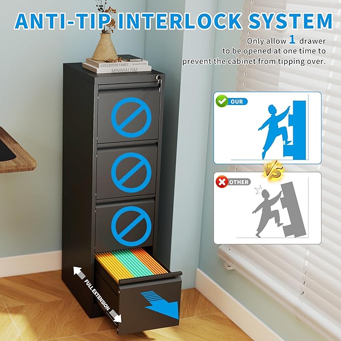 Metal File Cabinet 4 Drawers, Vertical Filing Cabinet for Home Office, File Cabinets with Lock for Legal Letter Size Hanging File Folders Storage Cabinet, (Black)