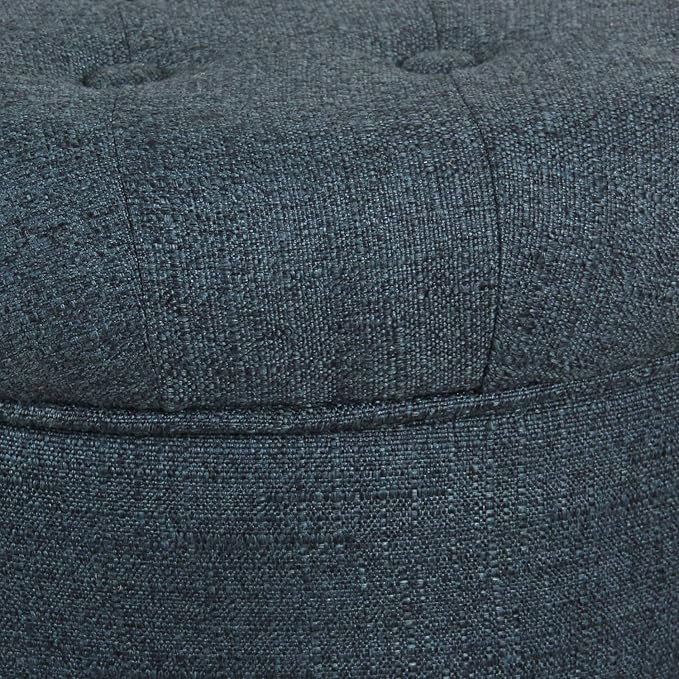 HomePop by Kinfine Fabric Upholstered Round Storage Ottoman - Velvet Button Tufted Ottoman with Removable Lid, Indigo Blue Woven