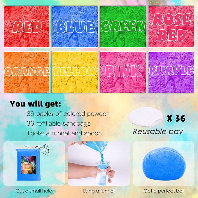 ARELUX Holi Powder Color Run Powder Balls 36 Pack 80g Each Natural, Throwing Balls of Washable Chalk Powder Paint for Color War, Rangoli, Fun Run, Party & Festival