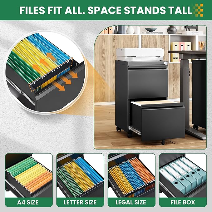 2 Drawer Locking Under Desk Metal Storage Cabinet on Wheels for Legal/Letter/A4 Files (Fully Assembled, Black)