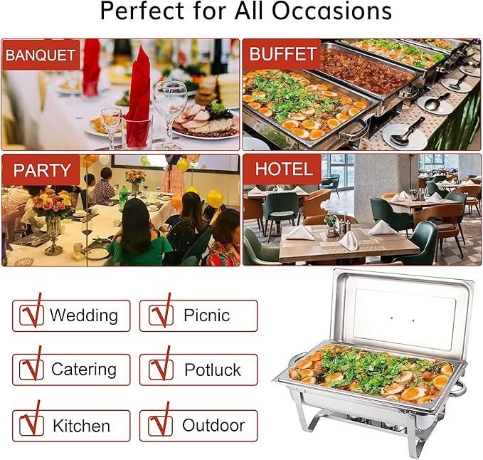 Chafing Dishes for Buffet 4 Pack 9 Quart Stainless Steel Chafer Buffet Servers and Warmers Set with Folding Frame for Weddings Parties Banquets Catering Events
