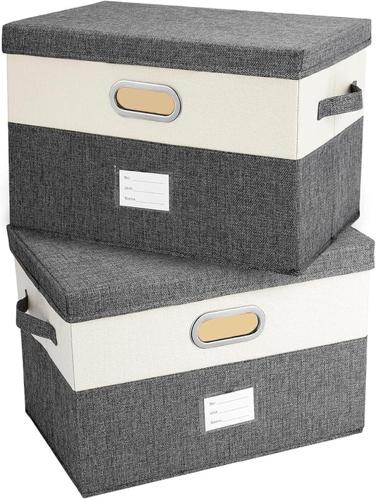 Large Linen Fabric Foldable Storage Bins with Removable Lid and Handles, Washable Storage Box Organizer Containers Baskets Cube with Cover for Bedroom,Office(grey&cream, Large(2-Pack))