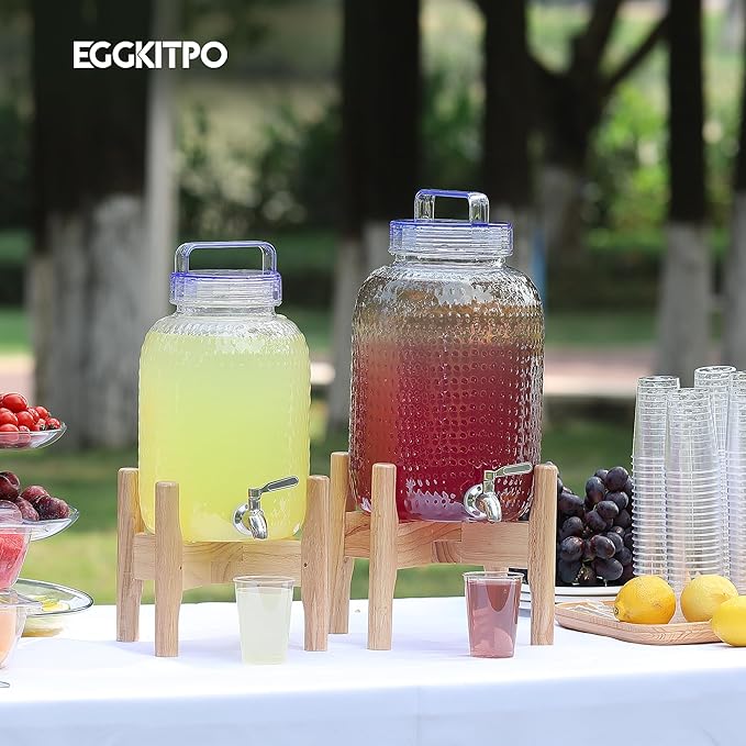 EGGKITPO 1.5 Gallon Drink Dispensers with Spigot and Elegant Stand for Parties Polycarbonate Lemonade Dispenser with Wood Stand Blue Cover Iced Beverage Dispenser for Water Punch Juice BPA FREE