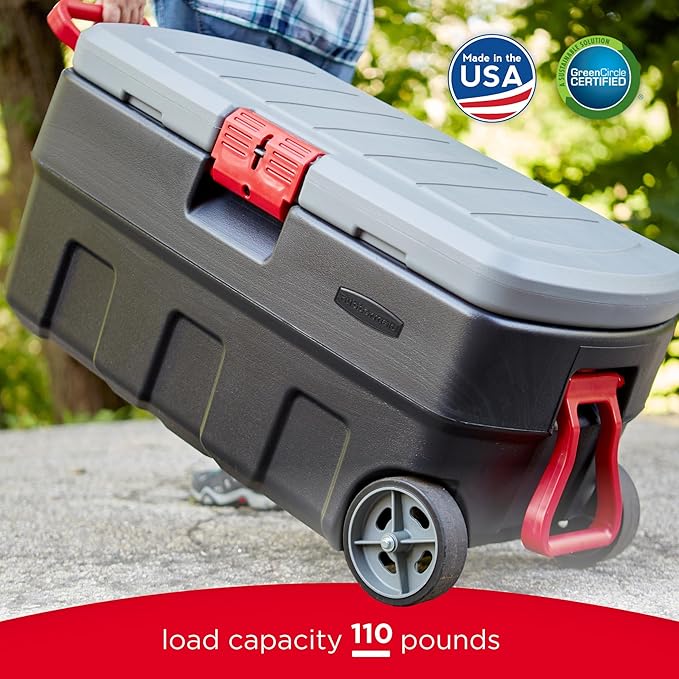 Rubbermaid ActionPacker 35 Gallon, Made in USA, Lockable Plastic Storage Bin with Lid and Wheels- Outdoor, Industrial, Rugged, Camping Gear and Truck Bed Storage - Gray and Black