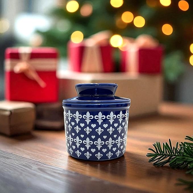 Butter Crock with Lid for Countertop, Butter Keeper Crock with Water, French Butter Dish Ceramic, Butter Holder with Lid for Spreadable Butter, Butter Container for Counter (Blue Fleur, Navy)