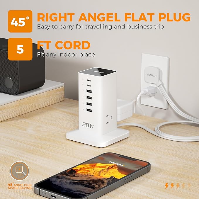Charging Station 30W, TESSAN 9-in-1 Charger Blocks for iPhone 17/16/15/14, Tablets, Earphone with Surge Protector, 5ft Flat Extension Cord with 4 USB A, and 2 USB C for Home, Office, Drom, White