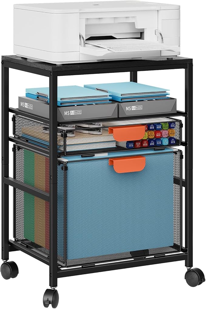 Marbrasse Rolling File Cart with Handle, Mobile File Cabinet on Lockable Wheels, Office Filing Cabinet Organizer, Printer Stand with Hanging File Folder Organizer for Home Office - Dark Brown