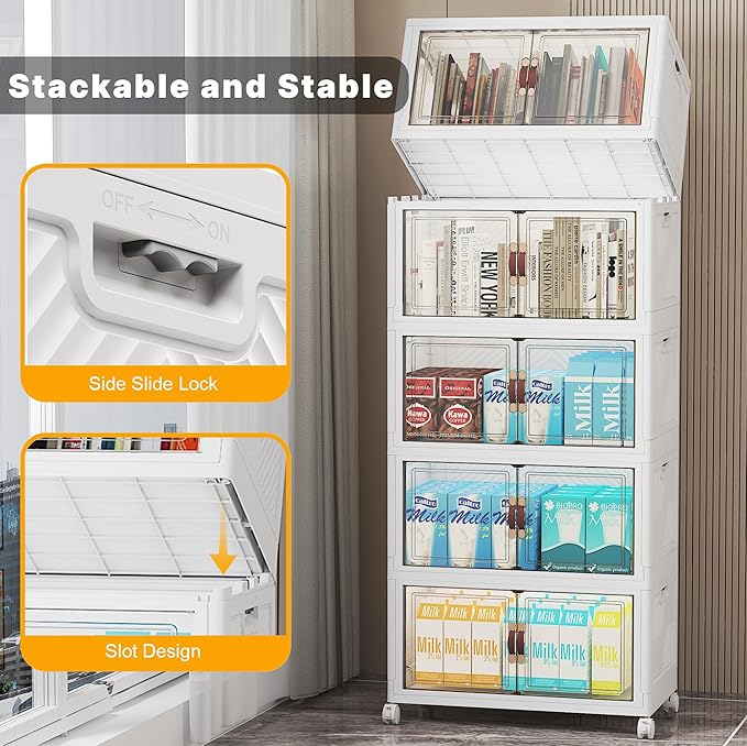 275Qt Stackable Storage Bins with Lids, 5 Pack Large Collapsible Bins with Wheels, Plastic Cabinet with Doors, Foldable Closet Organizers and Storage for Home, Dorm, Office, White