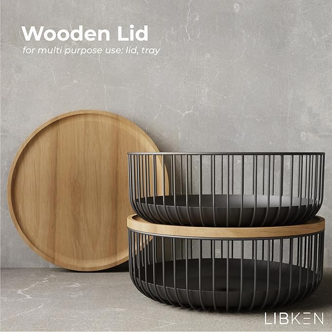 Fruit Basket with Wooden Bamboo Lid - Fruit Bowl For Kitchen Counter - Countertop Bin for Produce Fruits, Potato and Veggie - Metal Wire Baskets For organizing - 11.4"x11.4"x4.5" - Black