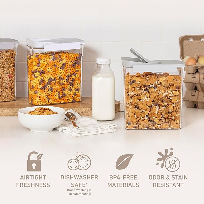 Bentgo Pantry - 6-Piece Airtight Cereal Containers, Easy Push & Pour Lid, Stackable & Clear BPA-Free Storage, Locking Lids for Freshness – Ideal for Kitchen & Pantry Organization (White Stone)