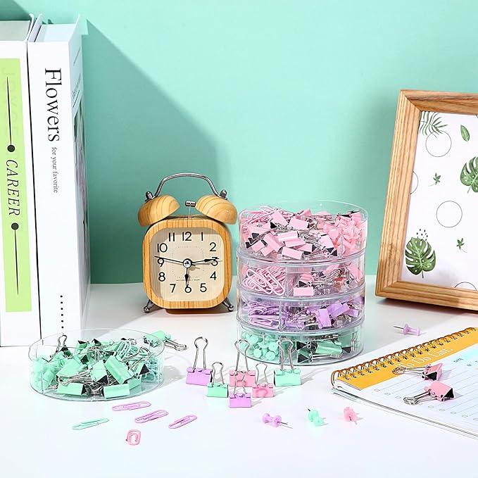1560 Pcs Paper Clips and Binder Clips Assorted Sizes, Large Medium Small Binder Clip Paperclips Thumb Tacks, College Supplies Home Office Supplies Document Organizing(Pink, Purple, Green)