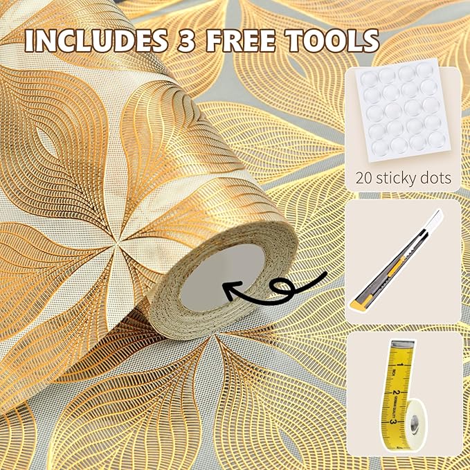 Drawer and Shelf Liner for Kitchen Cabinet,Non-Adhesive Waterproof Drawer Liner for Dresser & Bathroom Vanities with Adhesive Dots & Cutting Tool(24 in X 20 Ft Gold Leaf Pattern)