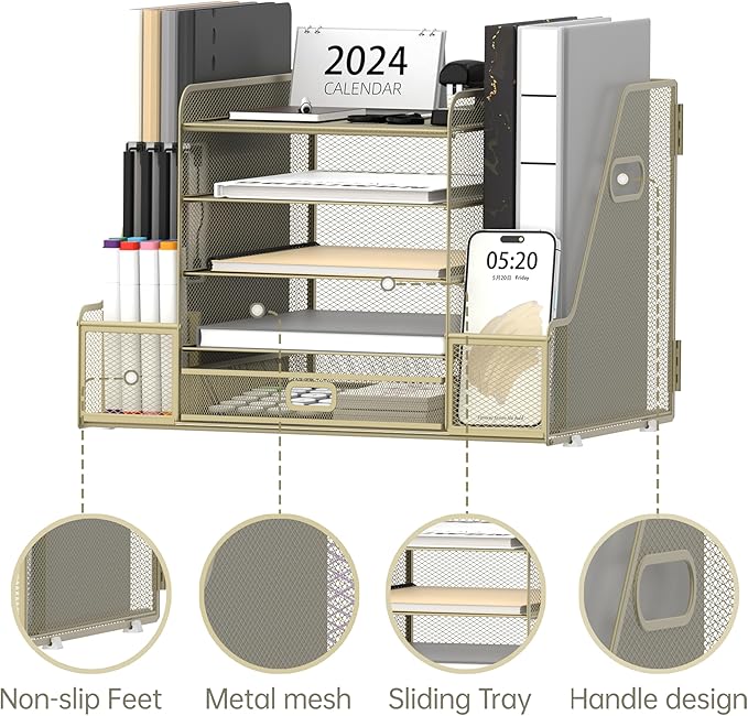 SUPEASY Mesh Desk Organizer with File Holder, 5-Tier Paper Letter Tray Organizer with Magazine Holder, Desktop Organizer and Storage with Drawer for Office Supplies Home or School, Yellow