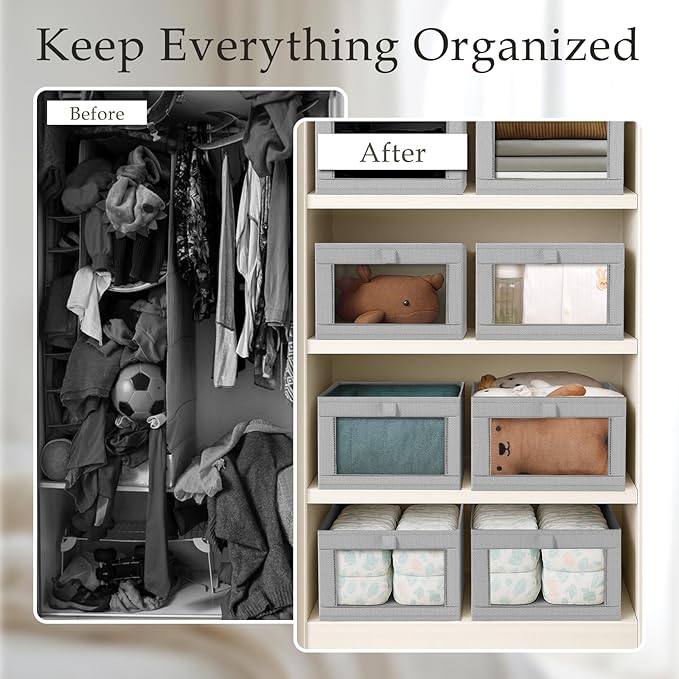 Criusia 8 Pack Linen Closet Organizers and Storage, Large Linen Closet Baskets for Organization, Foldable Storage Containers for Toys, Clothing, Towels, Jeans, Books, Shelves, Grey