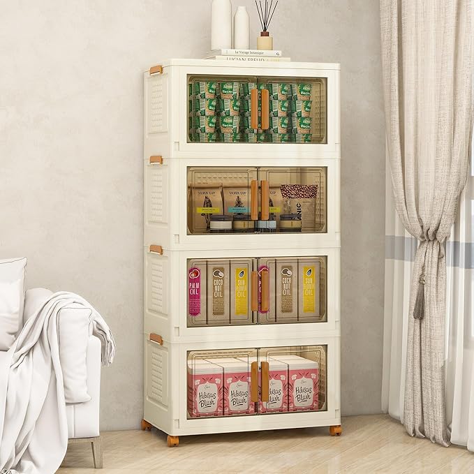 Plastic Stackable Storage Bins with Lids and Wheels, Foldable Storage Containers, Collapsible Clear Storage Cabinet with Doors White 4Tiers 148.8QT