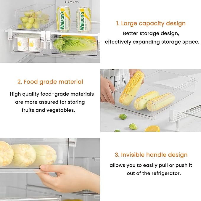 vacane Fridge Organizer Drawer, Clear Plastic Fridge Organizer Bins, Add on Refrigerator Drawer,Fridge Storage Container Under Shelf Holder for Fruit, Vegetable, Meat, Cheese, Easy to Install-M