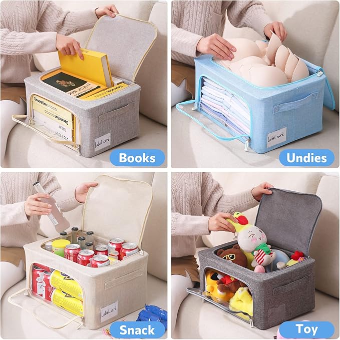 CYhom Clothes Storage Bins Box - Foldable Stackable Container Organizer Set with Clear Window & Carry Handles & Metal Frame - 2Pack Large Capacity for Bedding, Blankets, Books