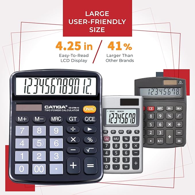 CATIGA Desktop Calculator (2 Pack) 12 Digit with Large LCD Display and Sensitive Button, Solar and Battery Dual Power, Standard Function for Office, Home, School, CD-2786 (Black/Silver)