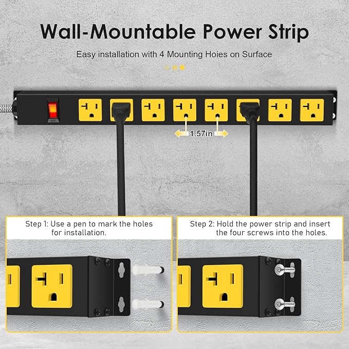 20Amp Power Strip Surge Protector, Long Metal 8-Outlets with Heavy Duty 20 amp 6Ft 12 Gauge Extension Cord for Garage Workshop & Industrial Use, 1200J