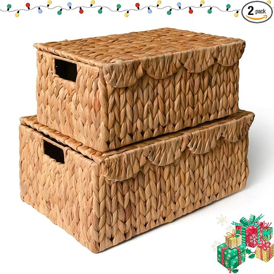 KOKODO Set of 2 Scalloped Wicker Baskets – Handwoven Rectangular Water Hyacinth Storage Baskets with Lid and Handles for Organizing, Living Room & Shelf Decor – Rattan Organizing Bins