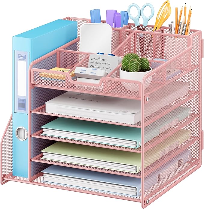 Lavatino Desk Organizer, 5-Tier Metal Mesh Paper Letter Tray with File Holder & 7 Flexible Dividers for Office or Home Desk Organizers and Accessories, Keep Workspace Supplies Neat & Organized, Pink
