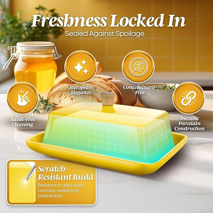 Flexzion Ceramic Yellow European Butter Dish with Lid for Countertop (7 Inch) - Wide 2 Stick Double Butter Holder for Counter, Cream Cheese Container Storage Keeper