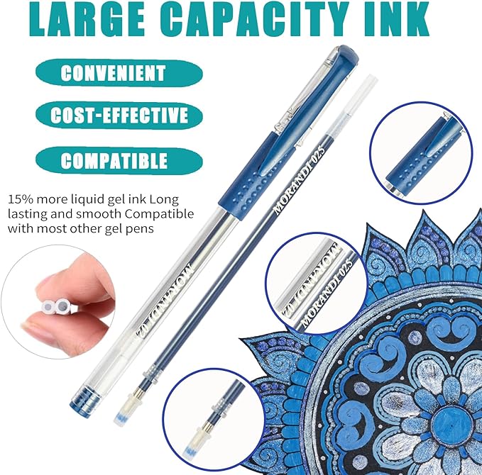 Morandi Gel Pens for Coloring Book,72 Color Gel Pens Set including 24 Color Gel Pen with 48 Refills,40% More Ink Colored Gel Pens for Drawing, Doodling, Scrapbook, Journaling