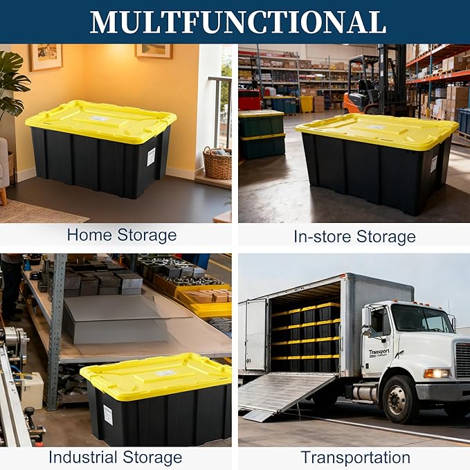 4-Pack Industrial Tote, Plastic Storage Container Bins with Lids, 27 Gallon - Heavy-Duty Organizing Containers for Home, Warehouse, and Transport