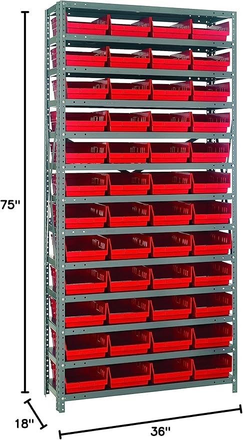 Quantum Storage Systems 1875-108RD Steel Shelving Unit with 4" Shelf Bins, 18" D x 36" W x 75" H, Red