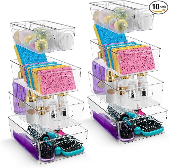 Sorbus Clear Plastic Storage Bins for Organizing, 10 Pack Clear Organizer Bins with Handles, Plastic Storage Bins for Closet, Pantry, Fridge, Medicine Cabinet Organizer, Shelves, Freezer, Drawer