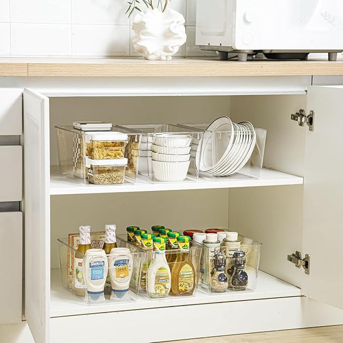 Attelite Clear Plastic Storage Bins,Large 12 Pack Pantry Organizer with Handle,BPA Free Plastic Storage Containers for Fridge,Closet,Bathroom,Under Sink and Kitchen Organization