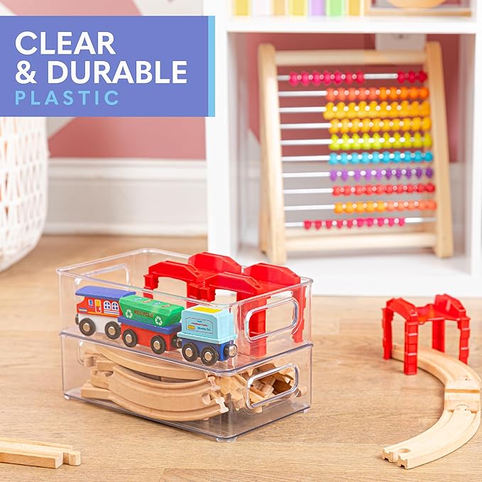 primebox 4 Pack Clear Plastic Organizing Container with Integraged Handles for Home Organization for Kitchen, Pantry, Fridge, Freezer, Cabinet,Bathroom, A&C Room, Stackable. 10"x6"x3"