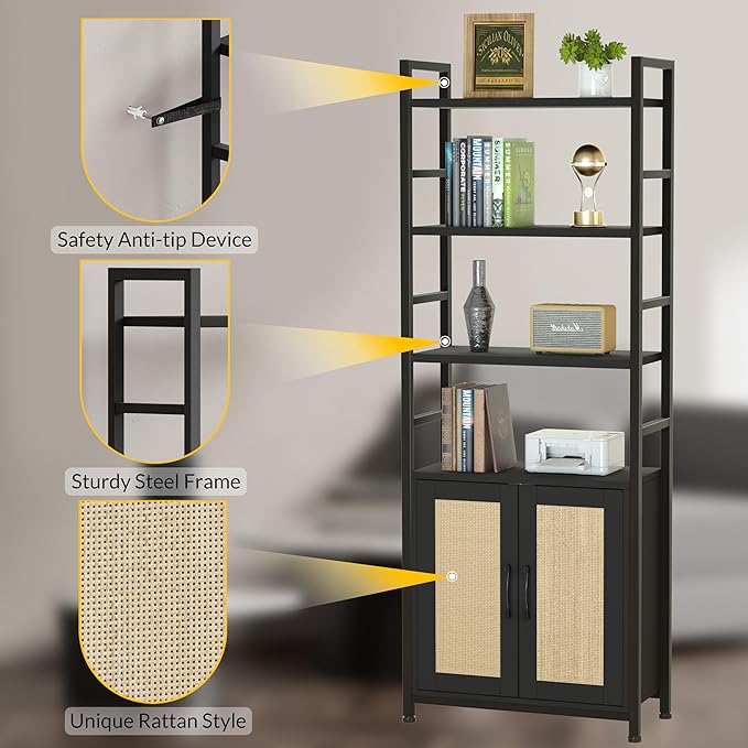 Rattan Bookshelf with Doors,70" Tall Bookcase with Storage Cabinet,6 Tier Book Shelf for Living Room/Bedroom/Home Office/Kitchen,70"(H)*26"(L)*11.8"(W)