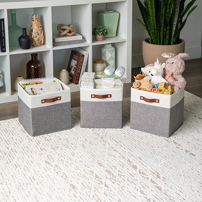 OrganiHaus 11" x 11" x 11" Fabric Cube Storage Bins Set of 4, Foldable Collapsible Canvas Storage Bins for Organizer, 11 inch Cubbies Organizer for Kallax, Linen Cube Shelf Baskets - Grey/White