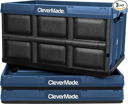 CleverMade Collapsible Storage Bins - Ocean 3 Pack 46L / 12 Gal holds 66 lbs - Stackable Containers Heavy Duty Capacity Crates Space-Saving