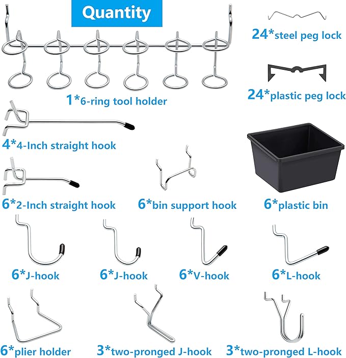 Pegboard Hooks Assortment, for Organizing Various Tools, with Pegboard Bins, 107 PCS, 48 of Which are Locks
