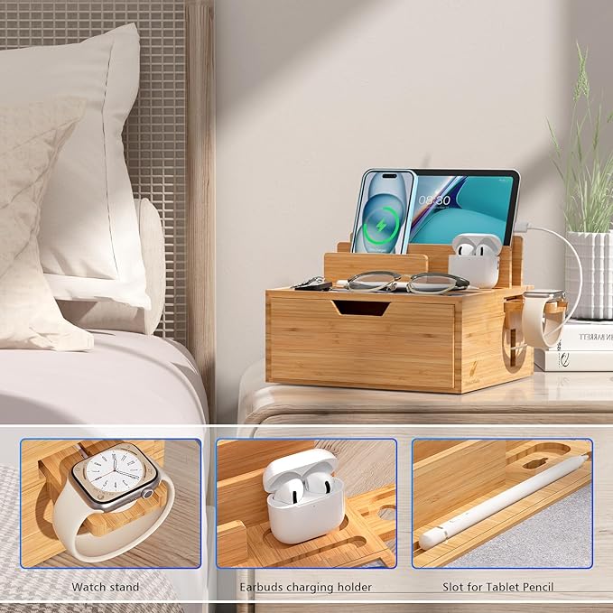Multi-Device Charging Station Dock & Organizer, with Power Supply (5 Ports HUB), and Cables, Bedside Docking Station with Drawer Compartment -Natural Bamboo