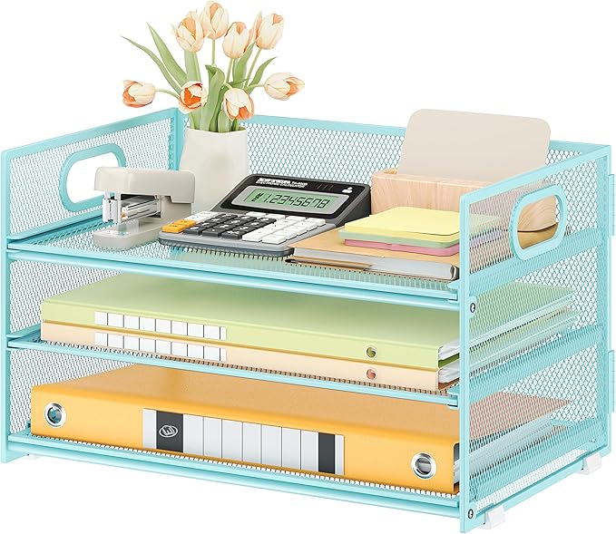 Subekyu 3 Tier Paper Desk Organizer with Handle and 1 PC Slideable Letter Tray, A4 Paper File Folder Sorter Metal Mesh Organizer for Home Office School Desk Supplies Organization Storage, Blue
