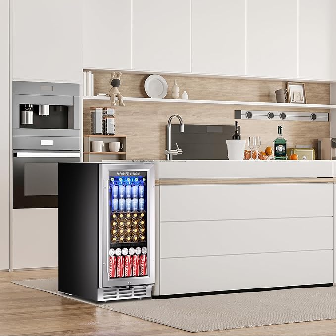 EUHOMY 15 Inch Beverage Refrigerator Cooler Under Counter 127 Cans Beverage Fridge Built-in or Freestanding with Glass Door, LED Light, Beer Fridge for Soda, Water, Wine - Home Kitchen Bar.
