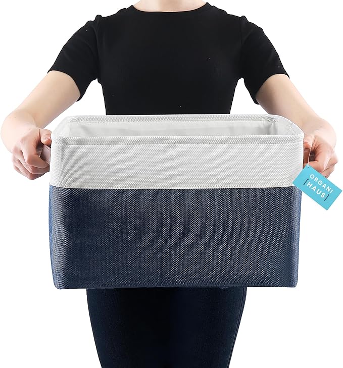 OrganiHaus Extra Large Fabric Storage Baskets for Shelves 3 Pack, 16x13in Closet Storage Bins for Shelves, Canvas Baskets for Organizing, Linen Closet Organizers, Cloth Basket, Navy Blue/Off-White