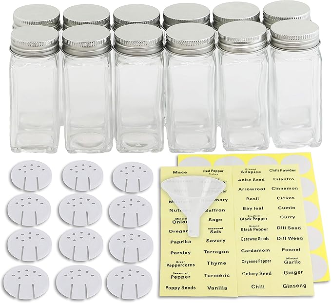Simple Houseware Spice Jars 4 Ounce Square Bottles w/label, 12 Pack