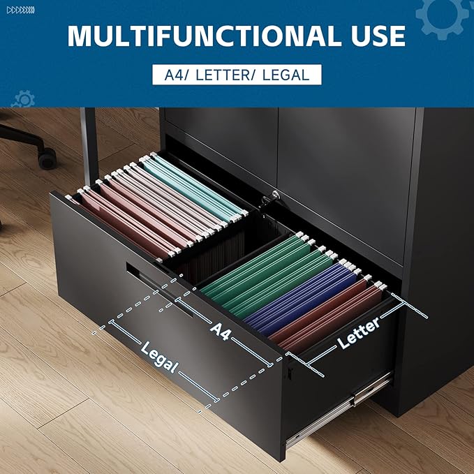 Metal File Cabinet with Drawer, Lockable Vertical Lateral Filing Storage Cabinet, File Cabinet with Storage Cabinet for Home Office, Legal/Letter/A4 Size Steel File Storage Cabinets, Black