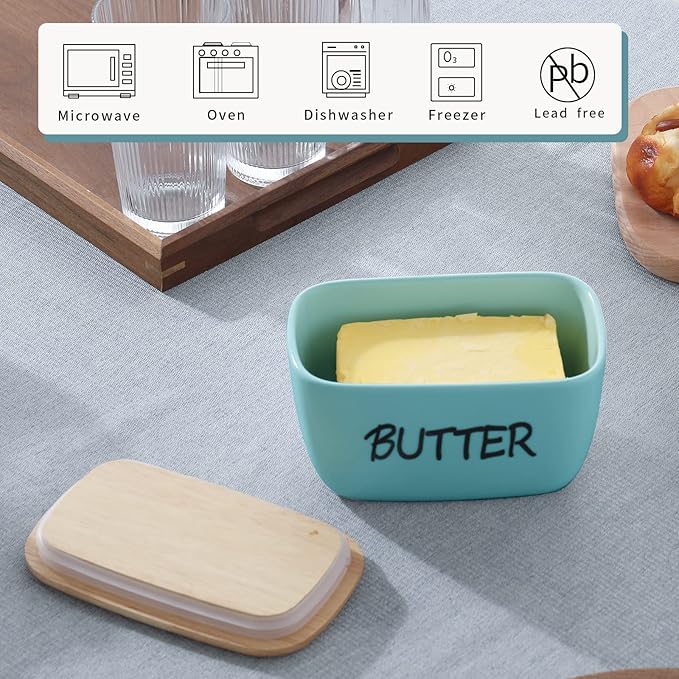 HAOTOP Large Porcelain Butter Dish with Lid Perfect for 4 Sticks of Butter (Turquoise)