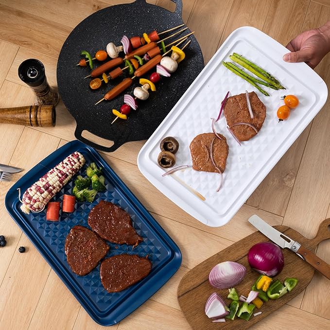 LEHAHA Grilling Prep Trays, Melamine BBQ Prep and Serving Platter and Tray for Outdoor Entertaining, Food Serving Tray, Set of 2, 17" x 10.5", Blue and White