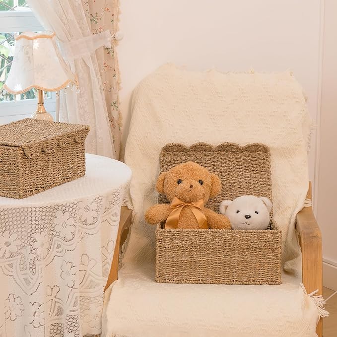 KOKODO Set of 2 Scalloped Wicker Baskets – Handwoven Rectangular Seagrass Storage Baskets with Lid and Handles for Organizing, Living Room & Shelf Décor – Decorative Rattan Organizing Bins