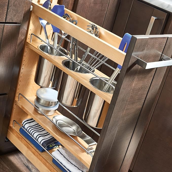 Rev-A-Shelf 5" Pull Out Storage Organizer for Base Kitchen w/ Soft-Close, Sliding Shelves for Utilities, Utensils or Spices, 448UT-BCSC-5C
