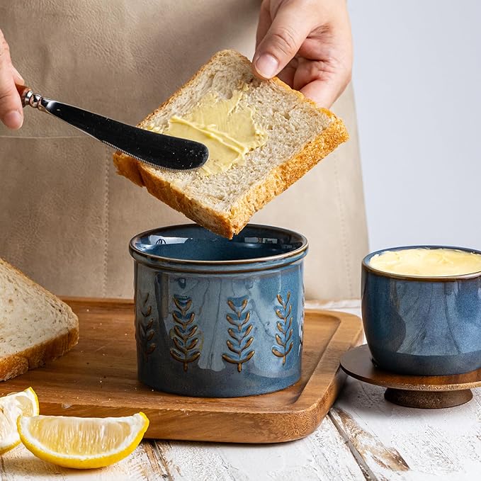 Ceramic Butter Dish with Lid, Butter Crock for Countertop, French Butter Keeper, Elegant Embossed Pattern, Blue